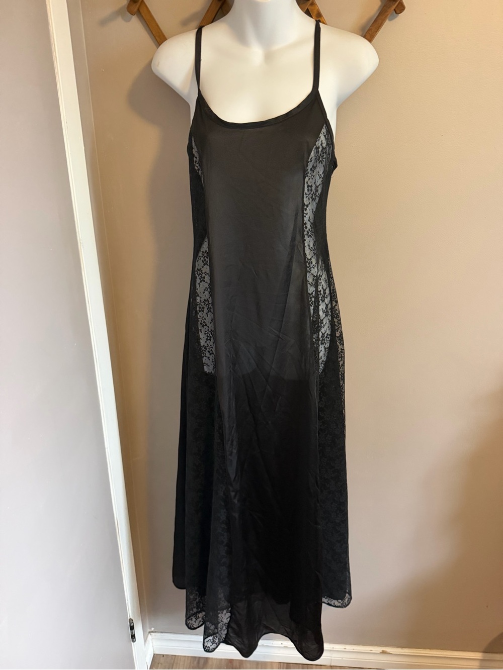 Vintage Black Sheer Floral Lace Panel Maxi Slip Dress Nightgown M